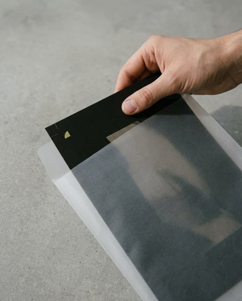 An anonymous hand sliding a finished black print into a translucent archival sleeve.