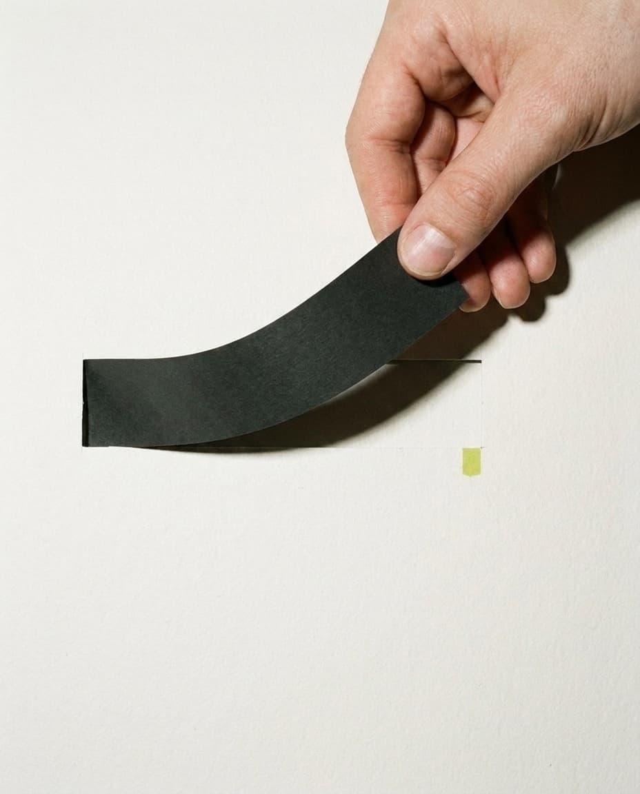 An anonymous hand pulling a blank graphite paper strip through a die-cut slit in mineral paper.