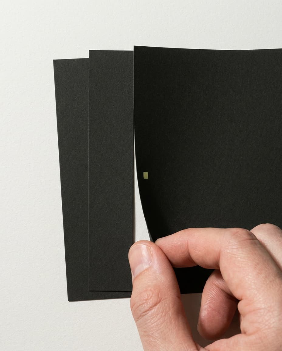 An anonymous hand holding one blank graphite paper sheet apart from two blank sheets behind it.